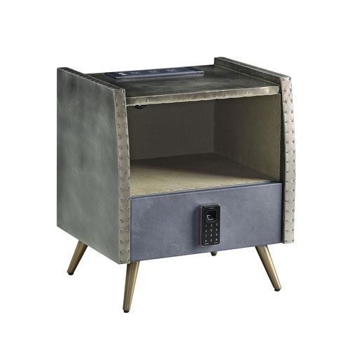 Doris - Nightstand - Gray Top Grain Leather & Aluminum