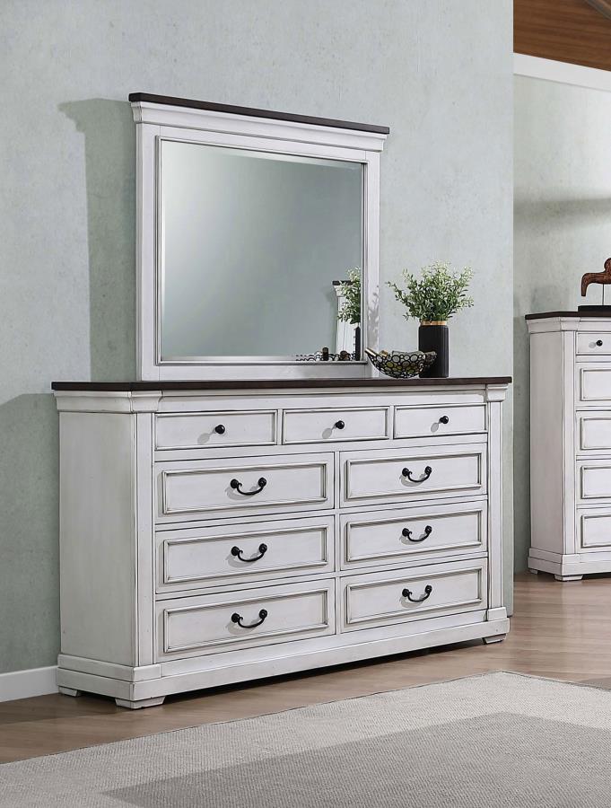 Hillcrest - 9-Drawer Dresser With Mirror - Distressed White