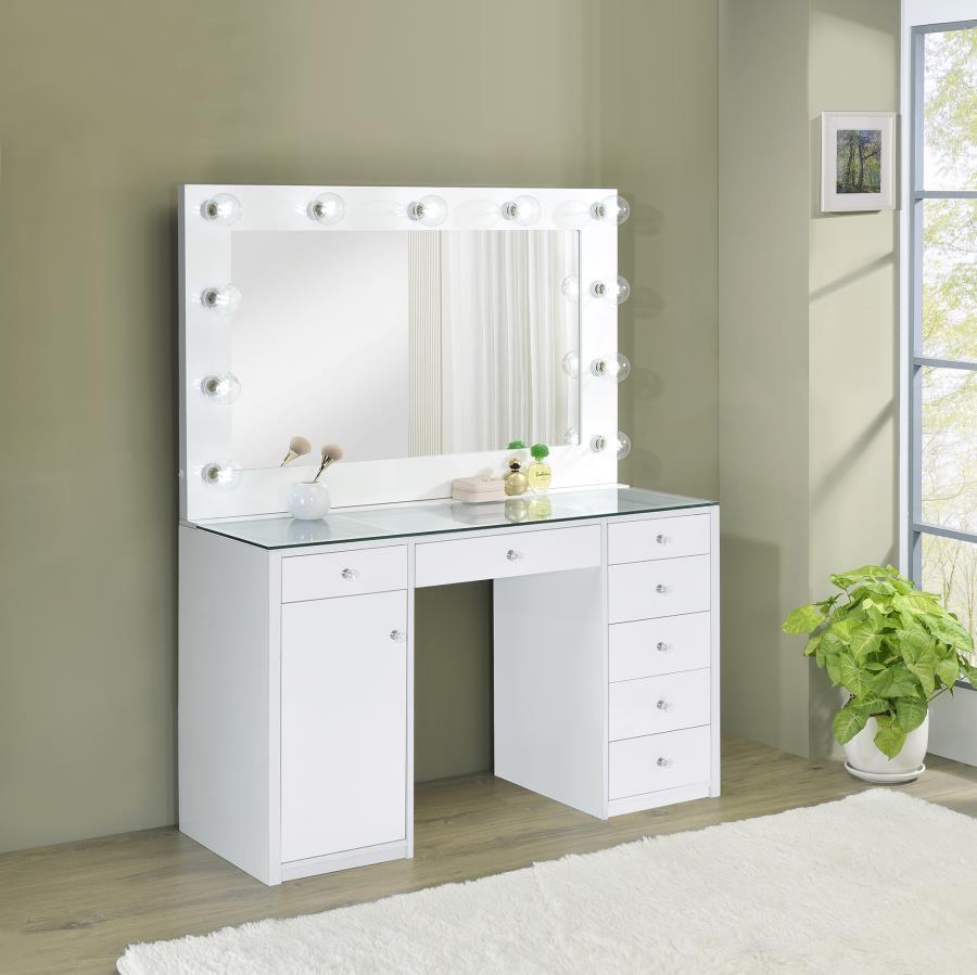 Acena - 7-Drawer Vanity Set With Lighting - White High Gloss