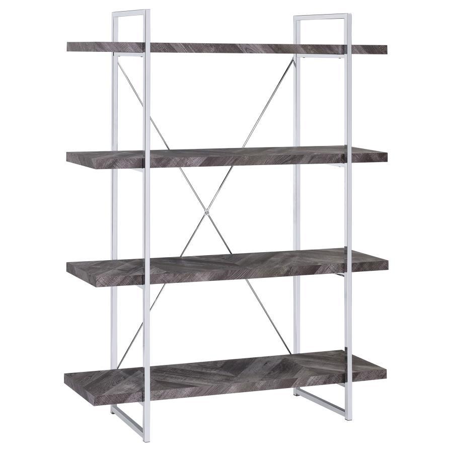 Grimma - 4-Shelf Bookshelf - Rustic Gray And Chrome